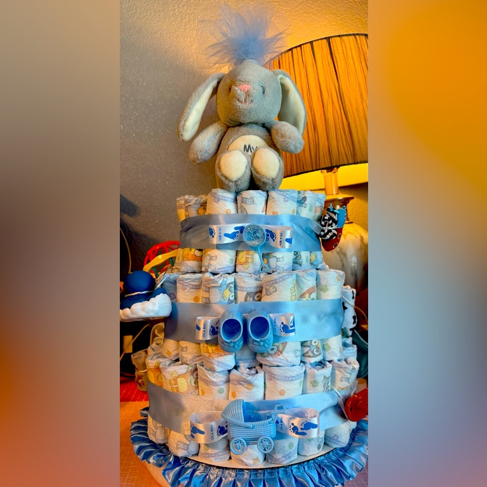 Blue Diaper Cake with Plush Bunny Topper